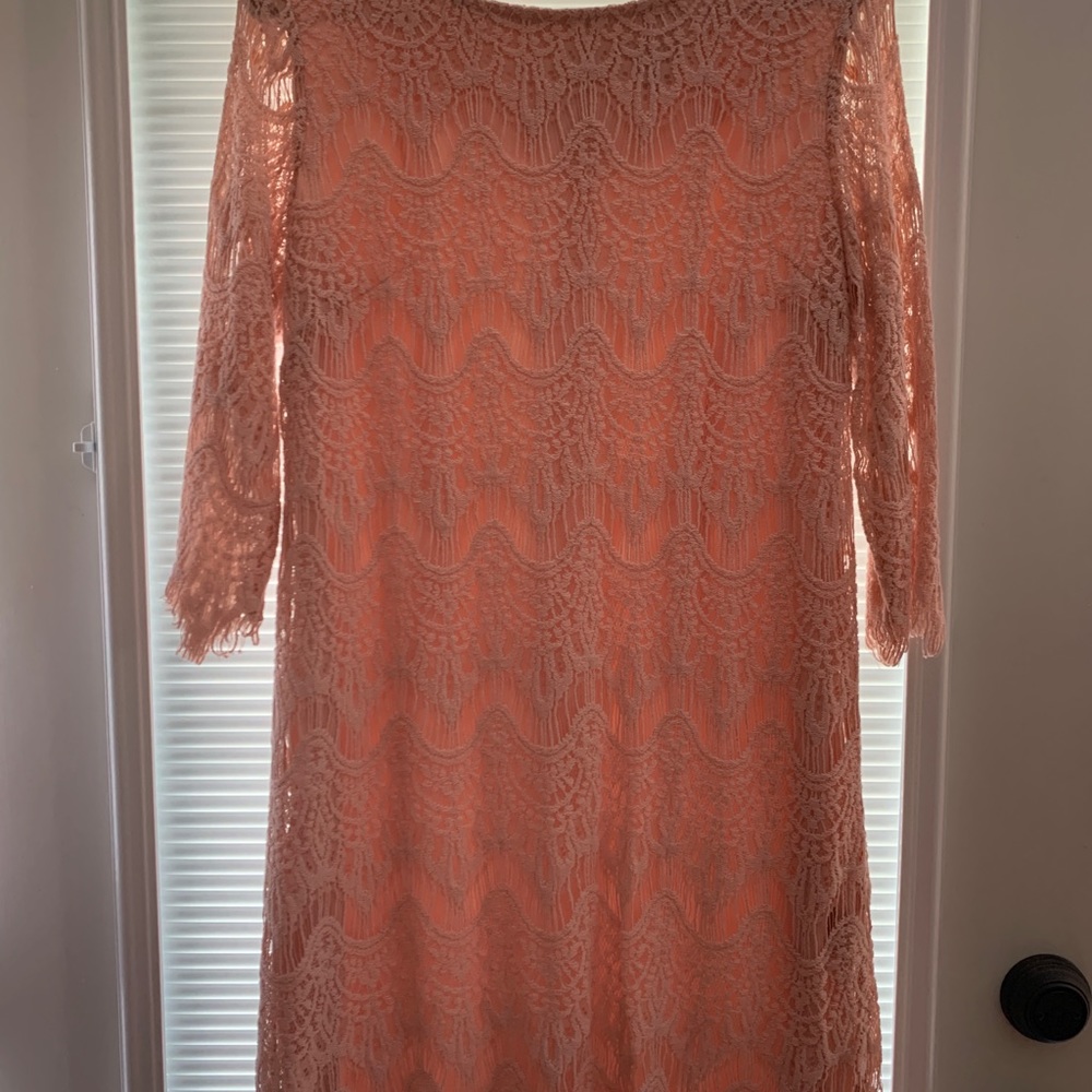 Very nice lace overlay dress.  Pale pink